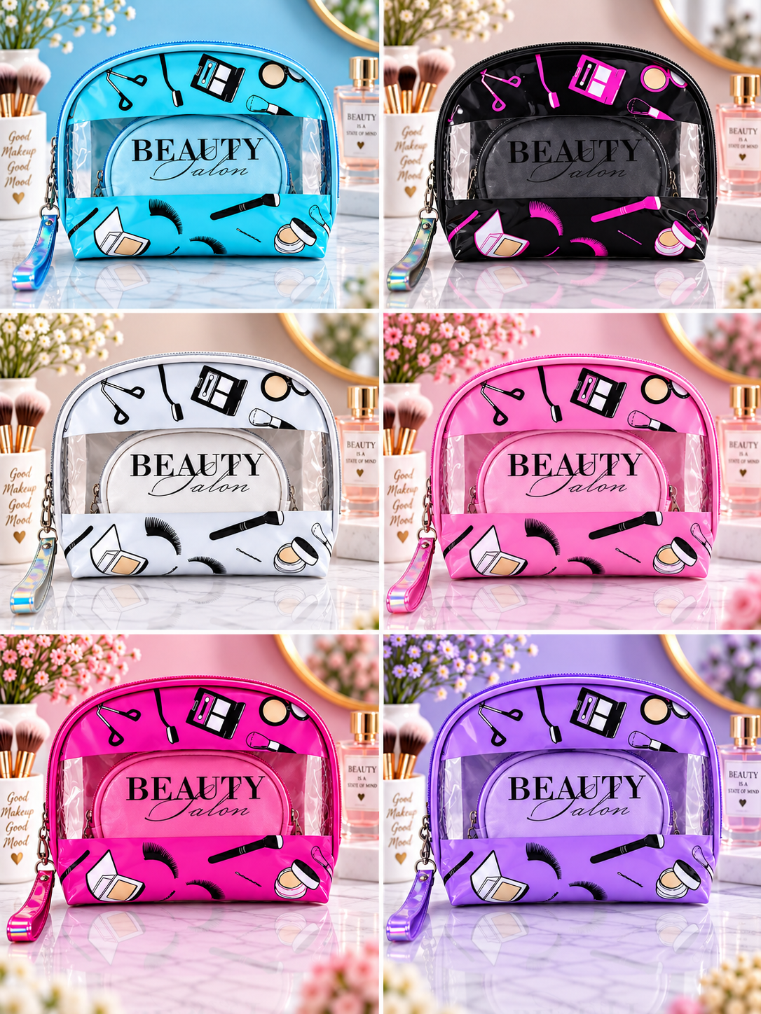 Blue 3-in-1 cosmetic organizer bag with clear front pouch and makeup icons